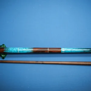 Full view of the handcrafted Turquoise 'n Bliss pool cue made from ebony and cocobolo wood